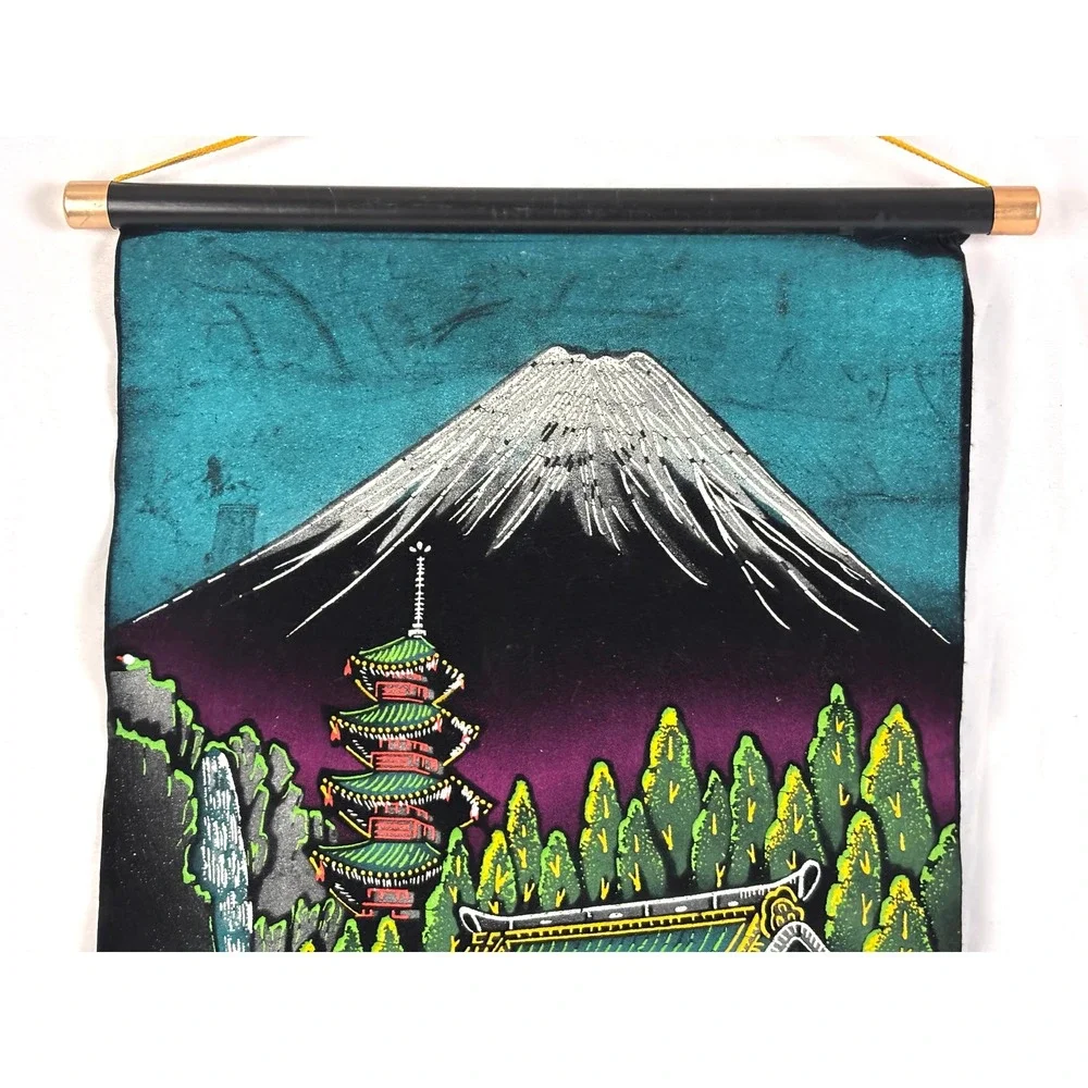 Vintage Japanese Velvet‎ Wall Hanging Scroll Mount Fuji Pagoda Geisha Temple Art